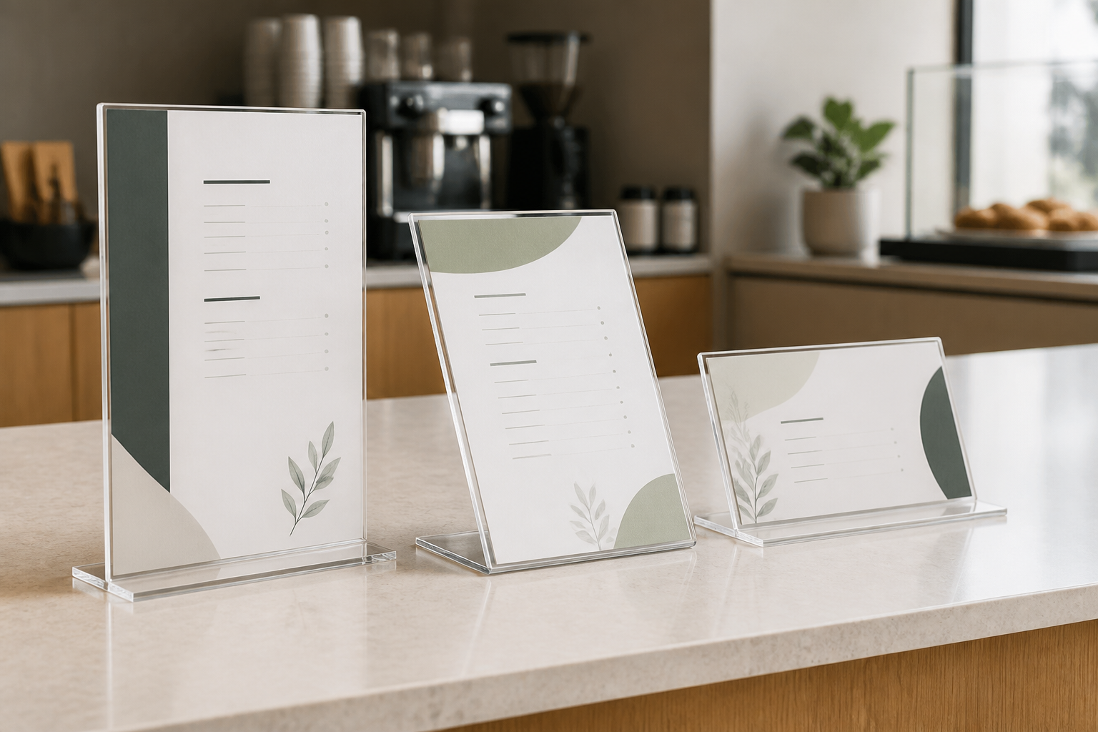 Portrait and landscape clear acrylic sign holders displaying generic printed inserts on an indoor counter