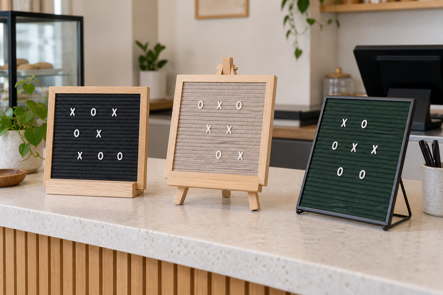 Three felt letter boards supported by a wood slot base, tabletop easel, and angled metal stand on an indoor counter