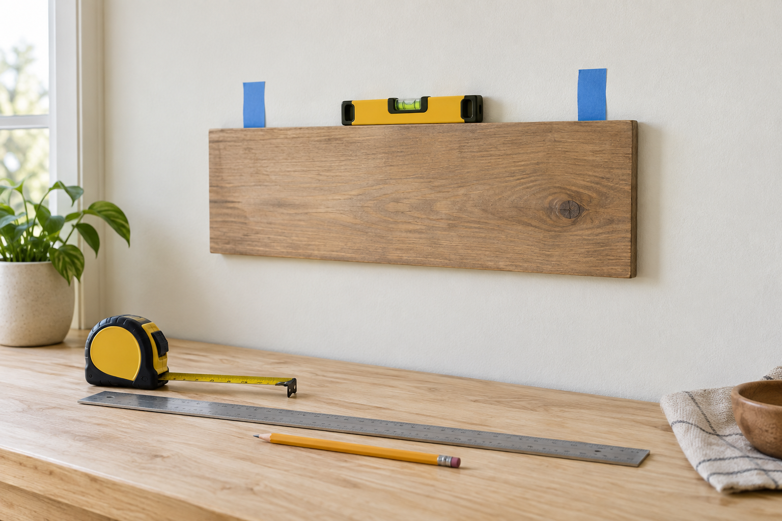 Bubble level, tape measure, straightedge, pencil, and painter's tape used to plan an indoor wood sign on a wall