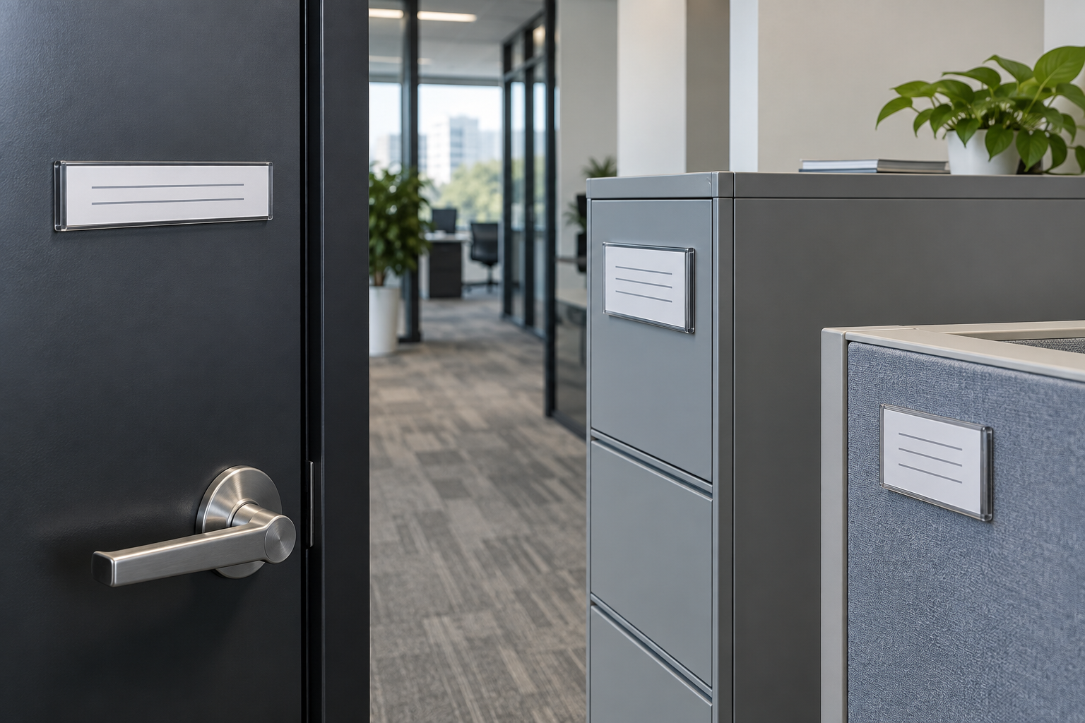 Magnetic nameplate holders with blank changeable inserts on a dark office door, gray filing cabinet, and steel workstation panel