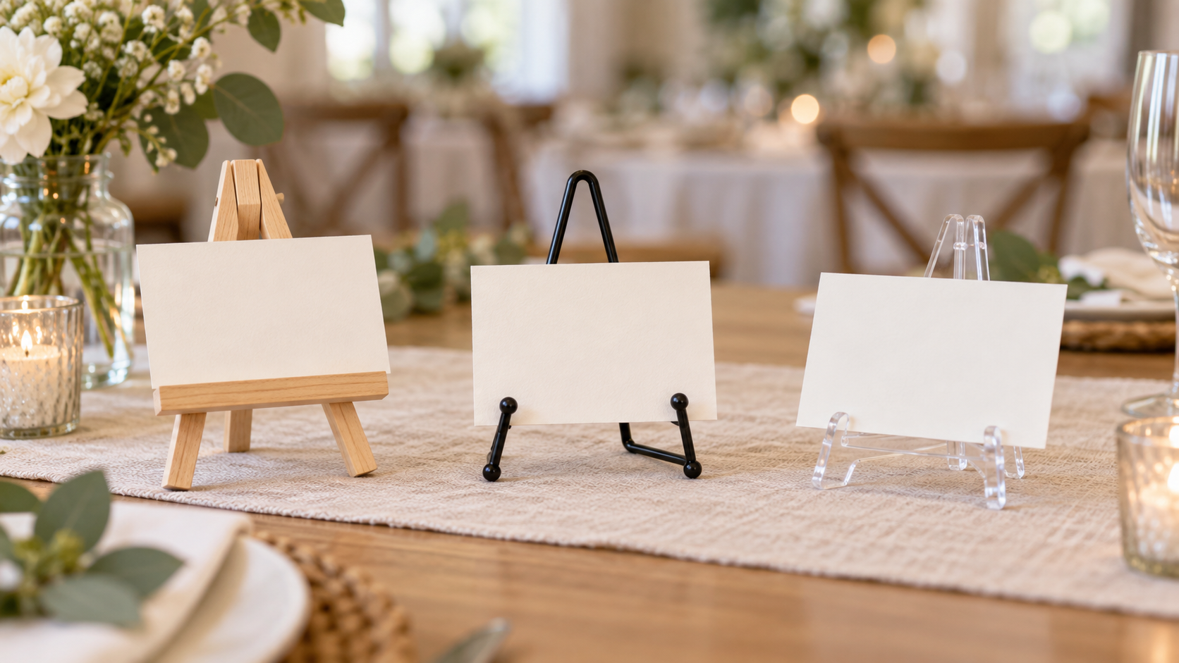 Wood, black wire, and clear mini easels holding blank place cards on an indoor event table