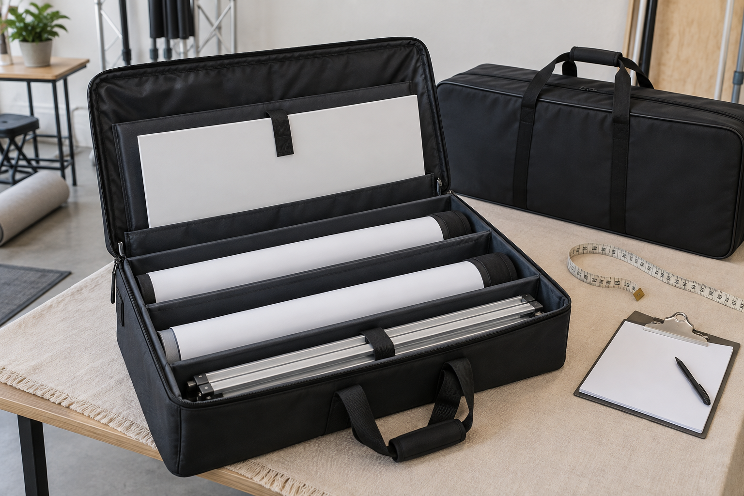 Open divided black portable case holding blank rigid panels, rolled graphics, and a folded display component beside a measuring tape