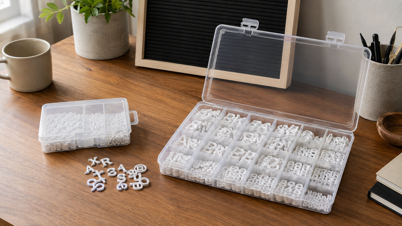 Open clear compartment organizer sorting white letters, numbers, and punctuation beside a smaller closed case and a blank felt letter board