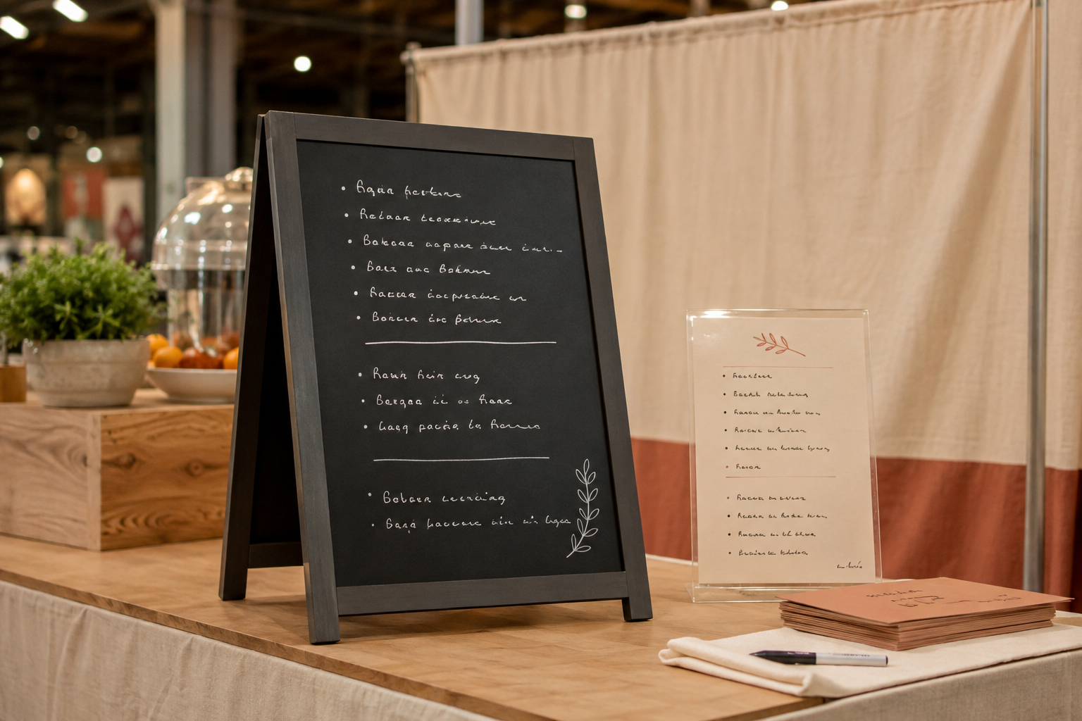 Changeable freestanding chalkboard menu beside a printed insert and reset supplies on an indoor pop-up counter