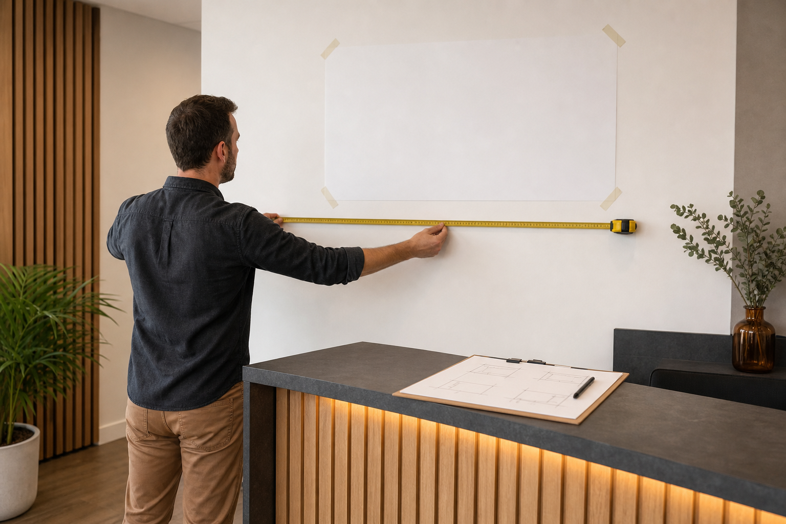 Office wall mockup used to judge custom logo sign size, contrast, and placement