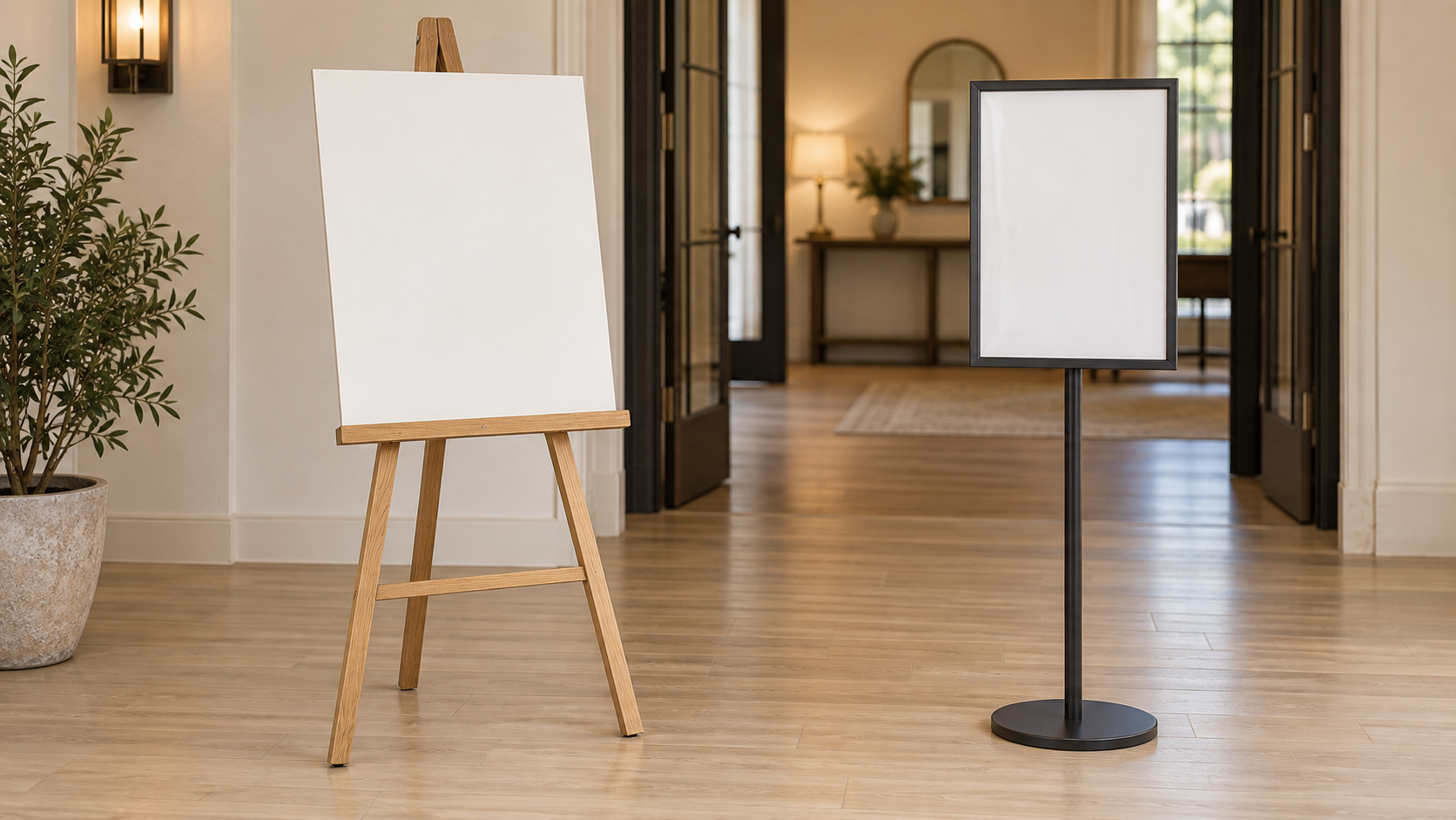 Wood floor easel supporting a rigid blank welcome board beside a black pedestal poster stand with a framed portrait insert in an indoor venue entrance