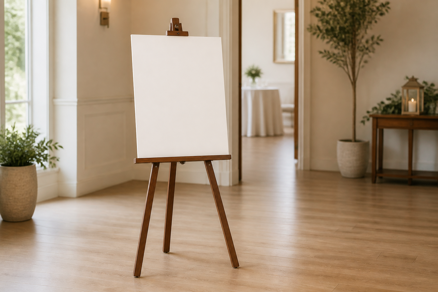 Wood floor easel holding a blank rigid welcome sign with its full three-leg footprint visible in an indoor event foyer