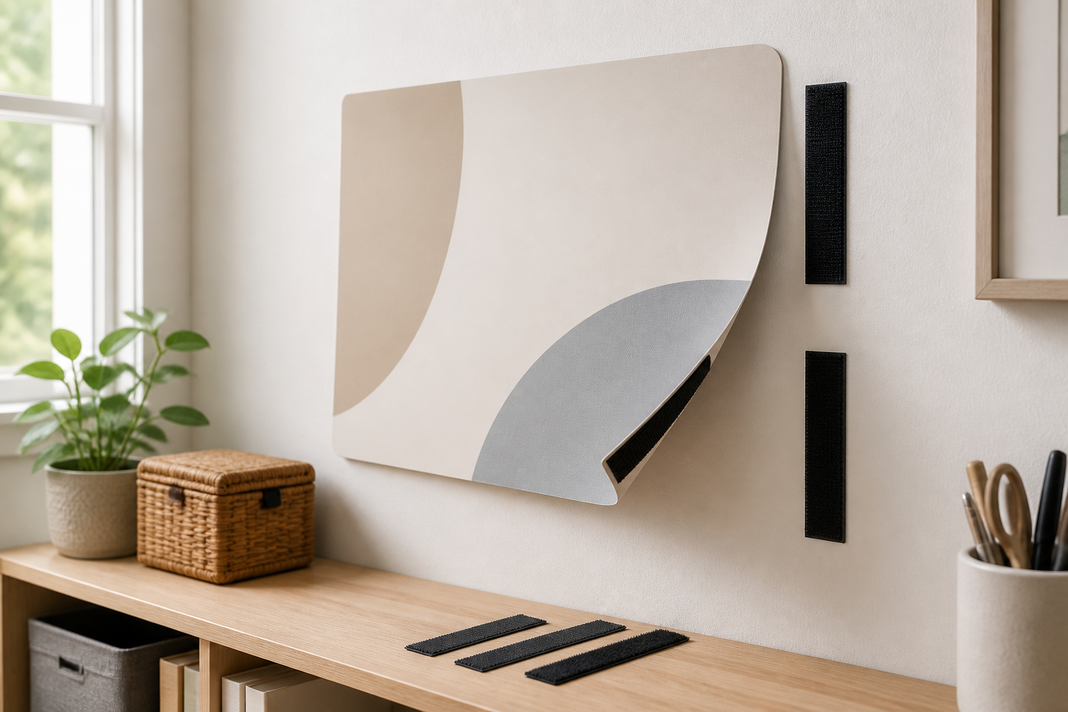 Lightweight indoor sign lifted from a painted wall to show mating hook-and-loop strips and loose strip formats