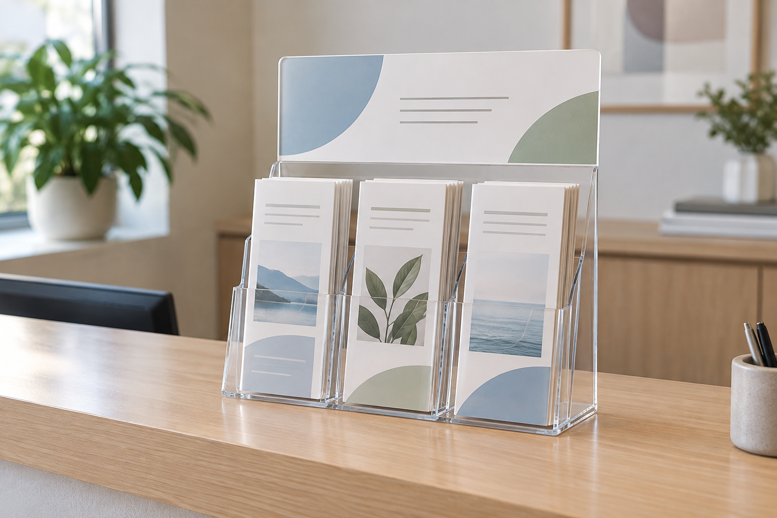 Clear acrylic reception brochure holder with three stocked pockets and a separate header-sign panel above them