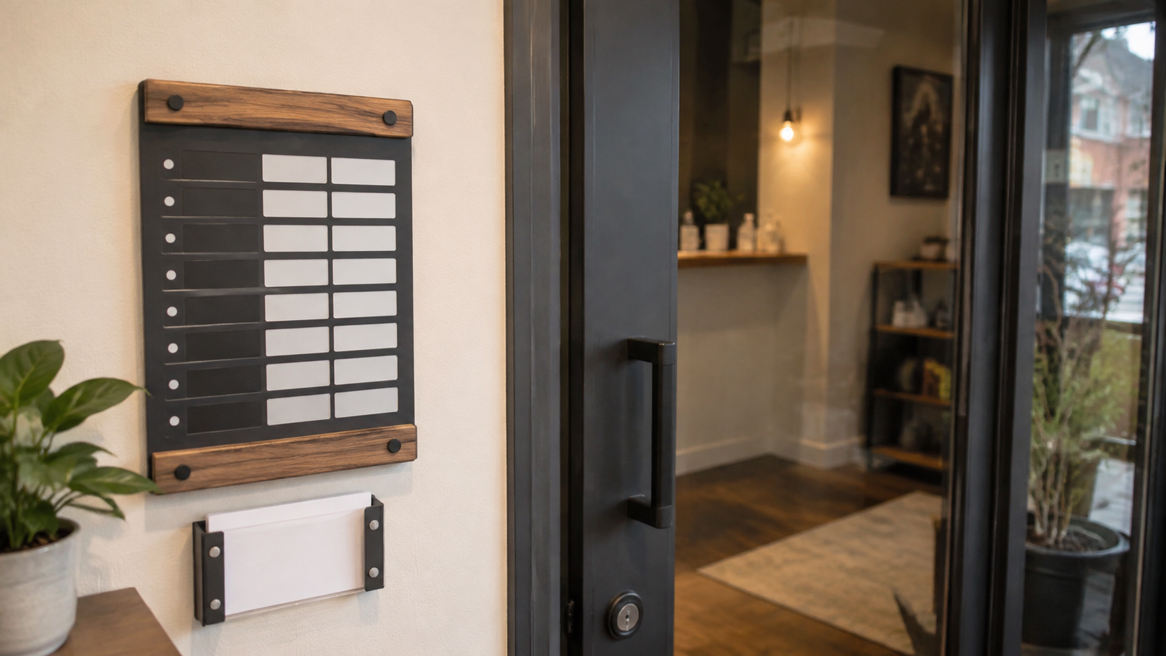 Fixed weekly office-hours sign with blank schedule rows and a replaceable paper holder beside a small studio entrance