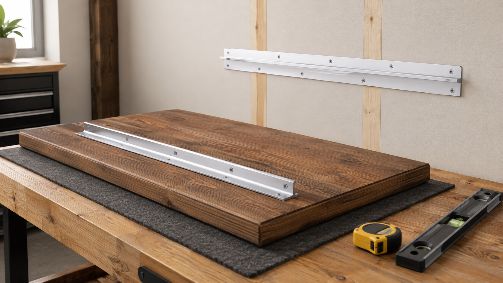 Rigid wood sign resting on a workbench with matching aluminum French cleat rails aligned on the sign back and indoor wall