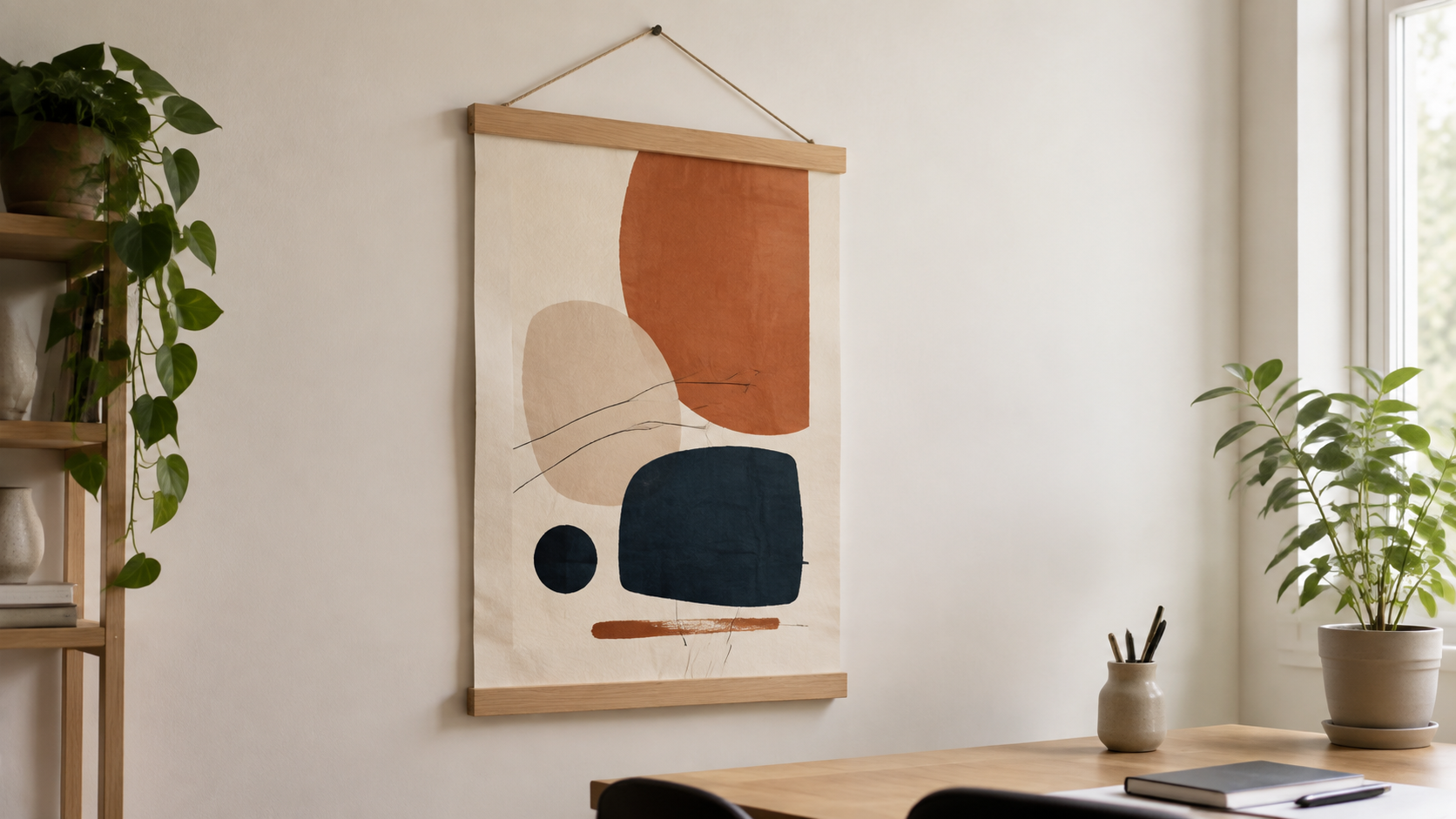Paper art print held by top and bottom natural wood magnetic rails on a home-office wall