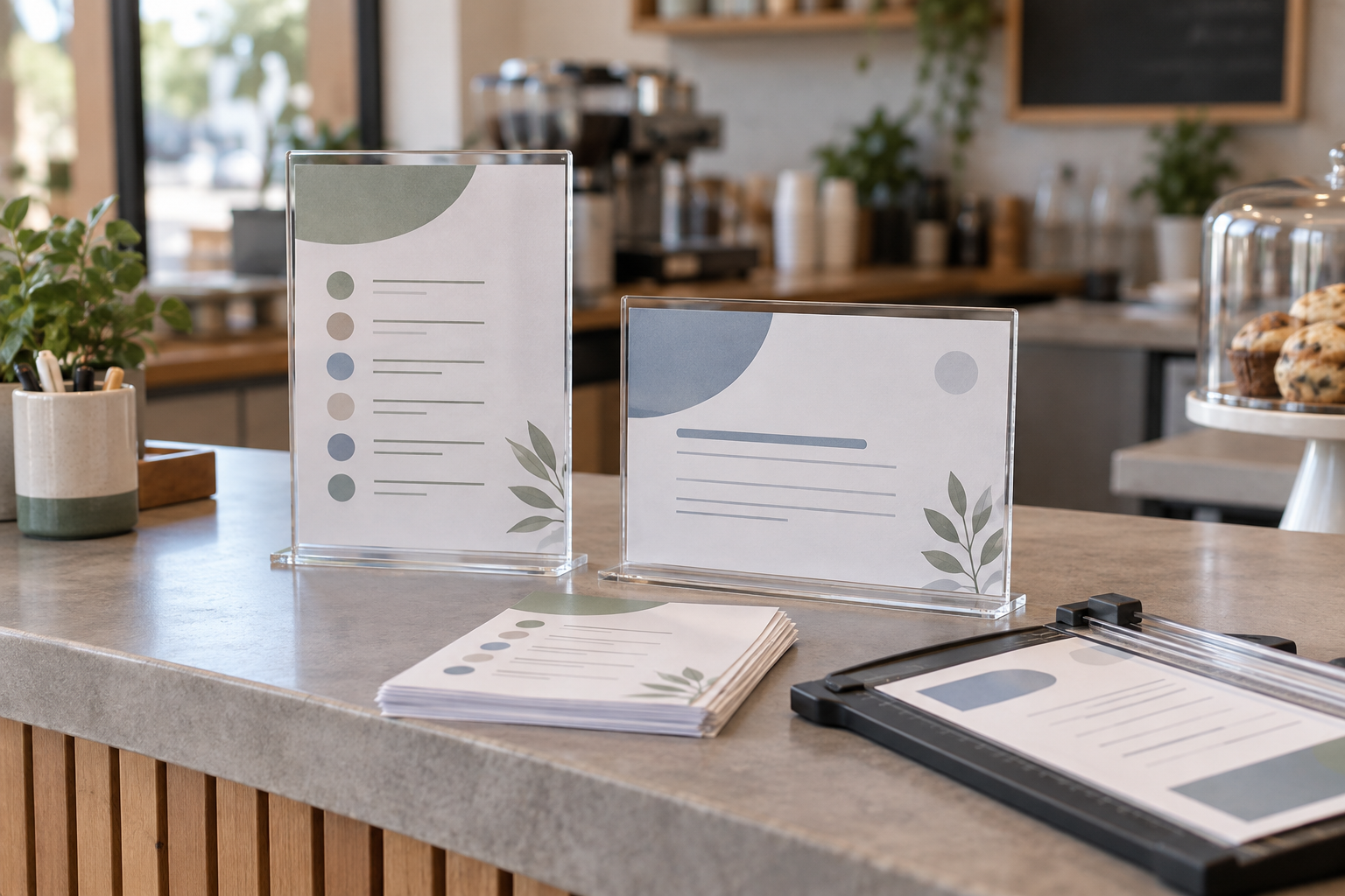 Portrait and landscape clear sign holders with a stack of replacement printed inserts and a paper trimmer on an indoor cafe counter
