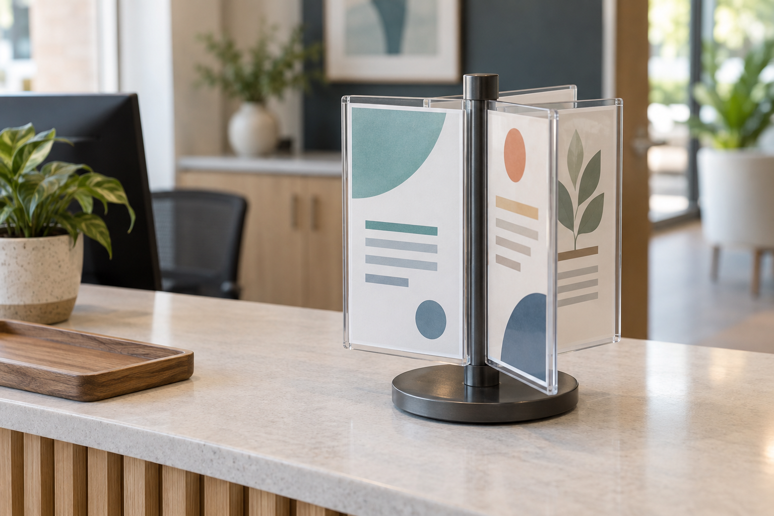 Four-panel rotating tabletop sign holder on a reception counter with clear space visible around its round base