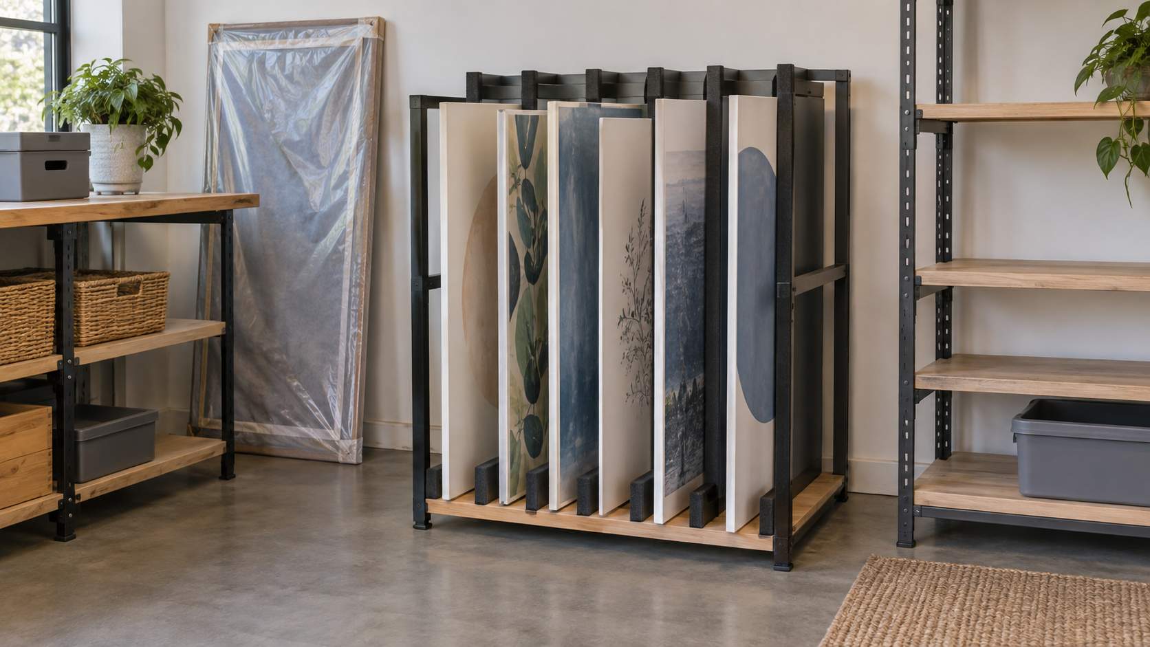 Several rigid event sign boards stored upright in separate slots of a stationary rack in an indoor studio