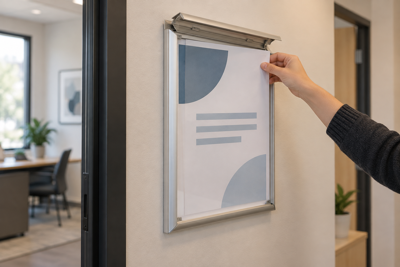 Wall-mounted aluminum snap frame open at the top while a person changes an abstract paper notice in an office hallway