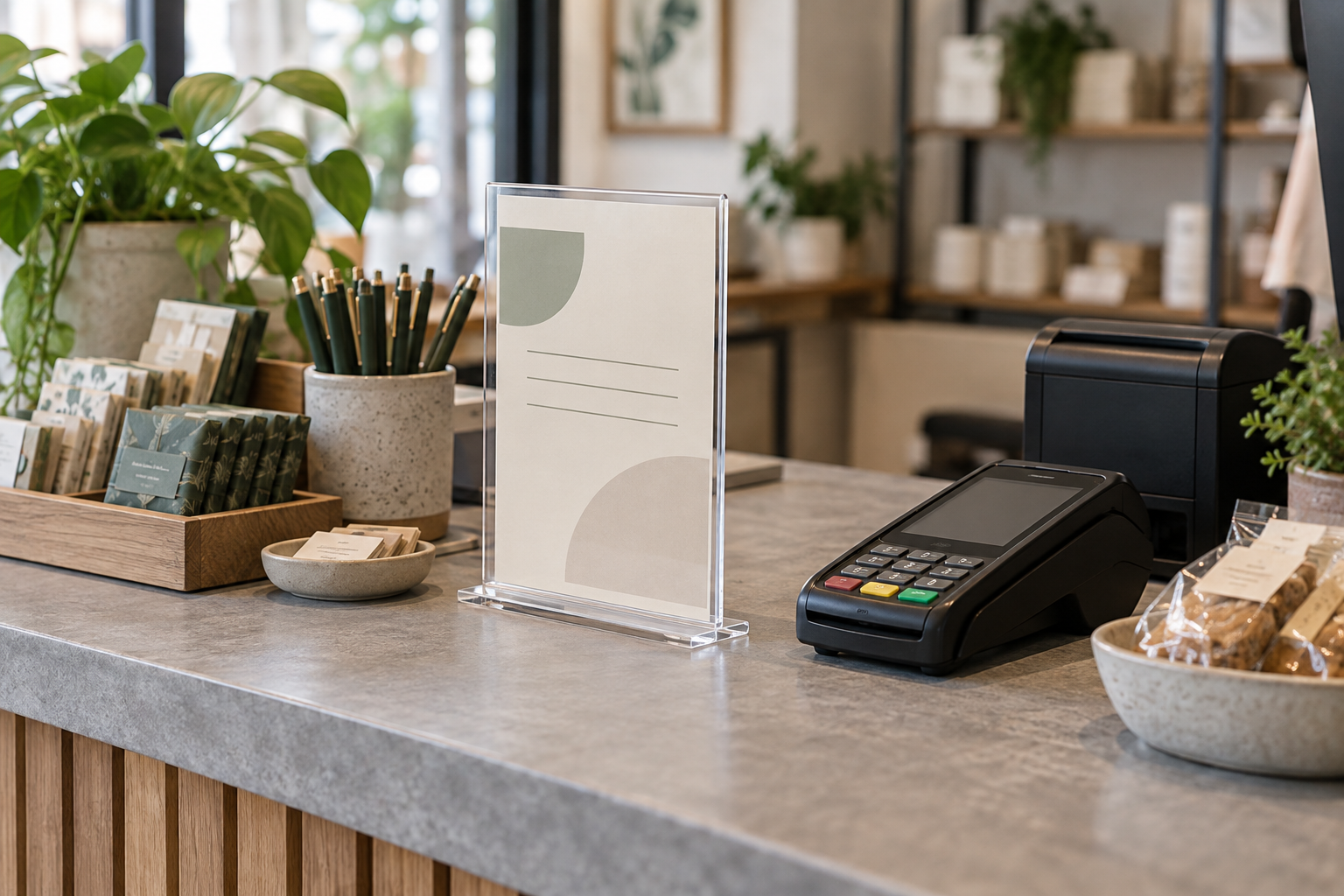 Clear top-loading acrylic sign holder beside payment equipment and merchandise on a compact retail counter
