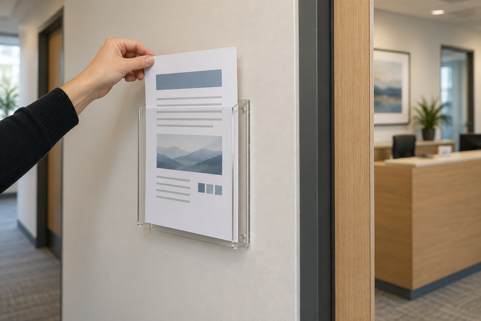 A person lifting an abstract paper notice into the top of a clear acrylic wall pocket in an office hallway