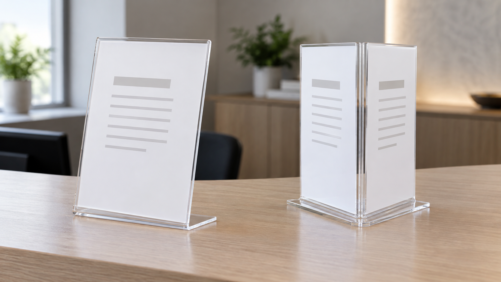 Clear L-shaped acrylic sign holder with one angled face beside a two-face T-shaped acrylic holder on a reception counter