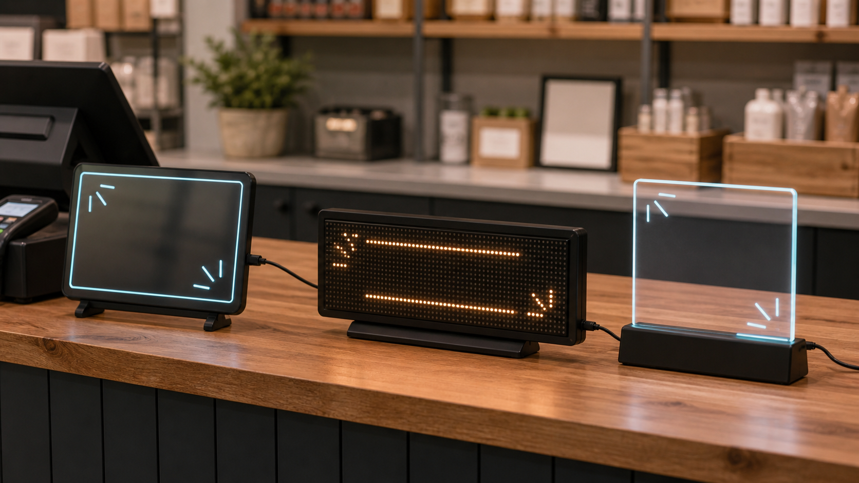LED message board formats shown on indoor business counters