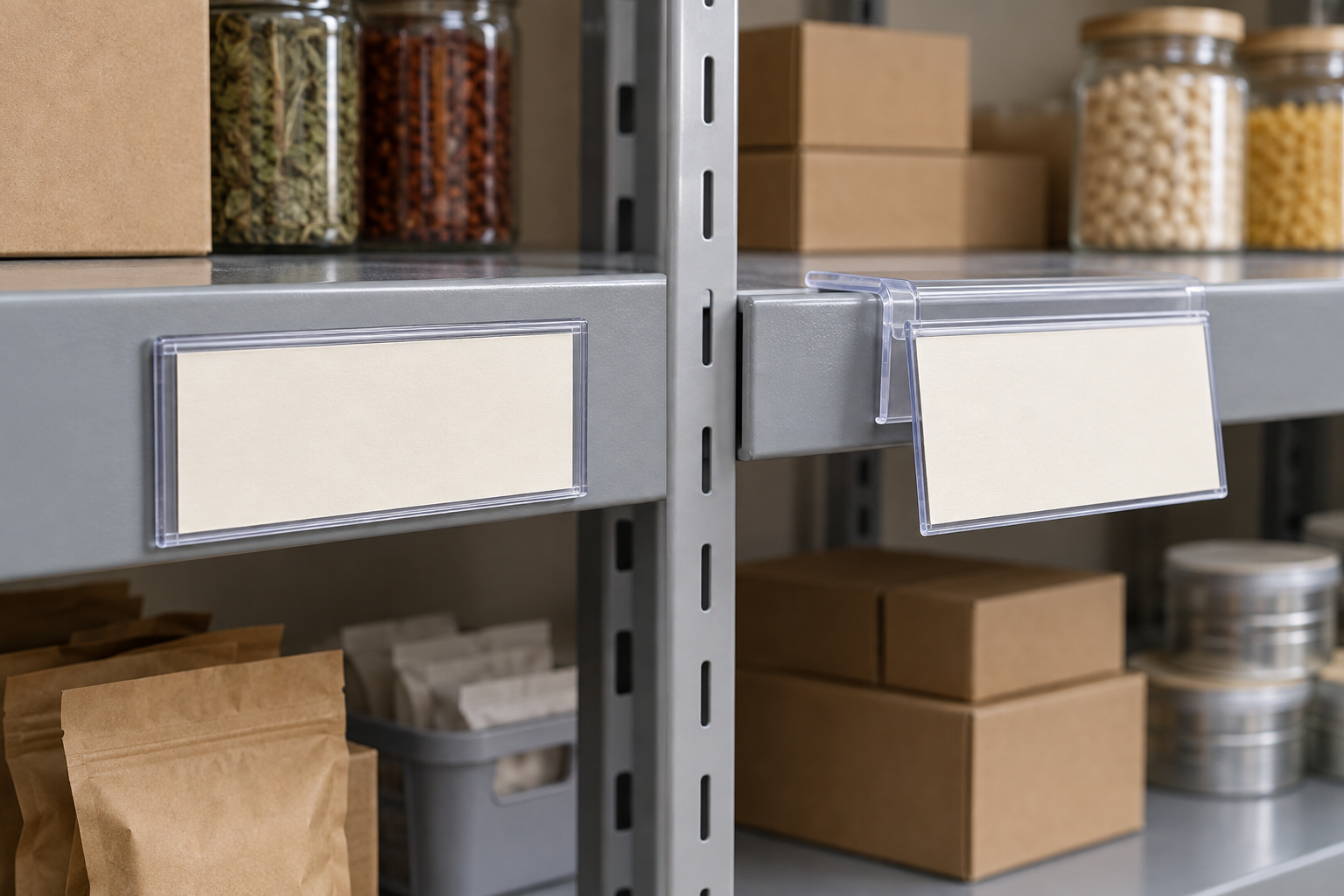 A clear magnetic label pocket sitting flat on a steel shelf edge beside a clear clip-on label holder gripping and projecting from another indoor shelf edge