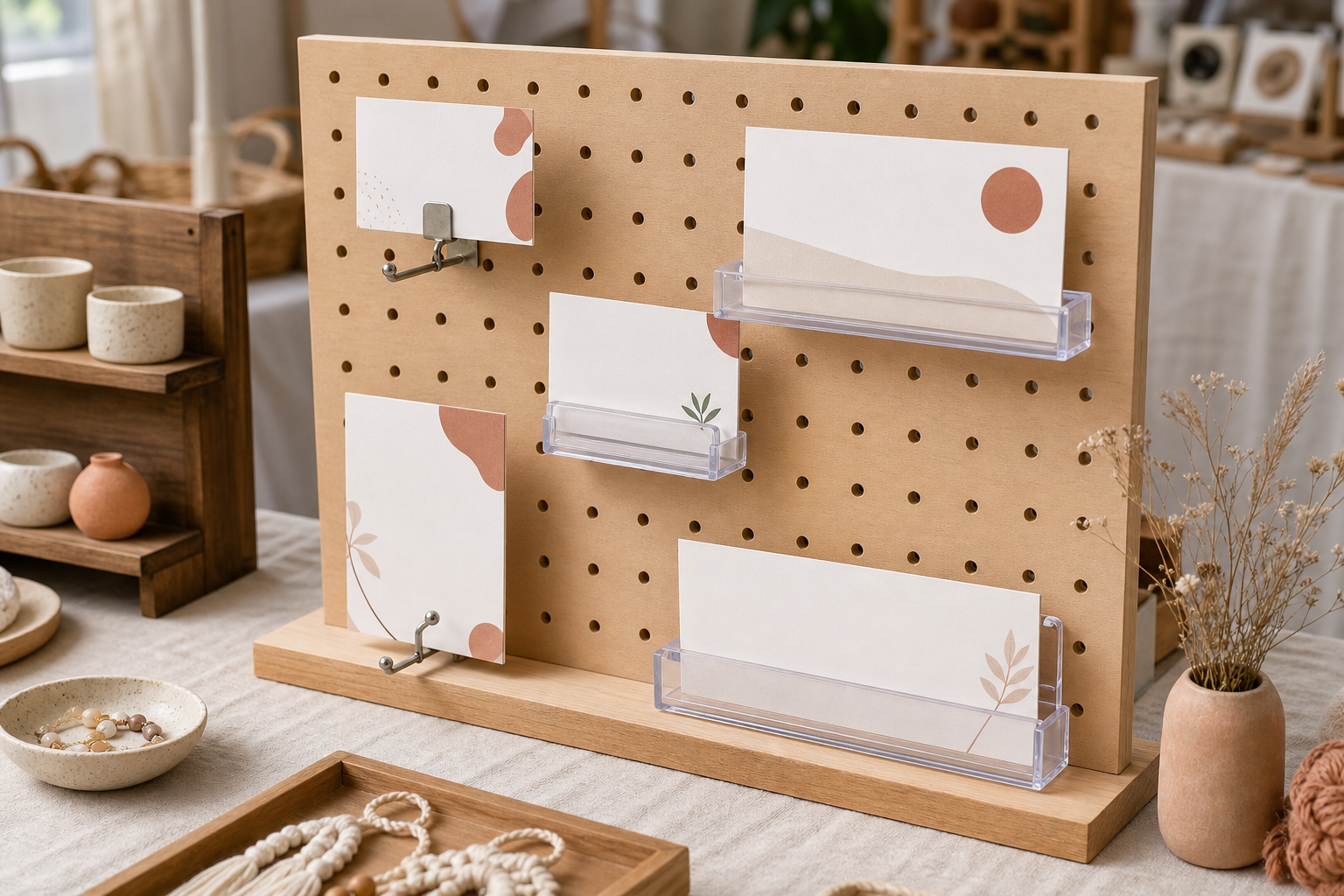 Portable craft-booth pegboard with generic price and category cards in hook, clip, and clear rail holders