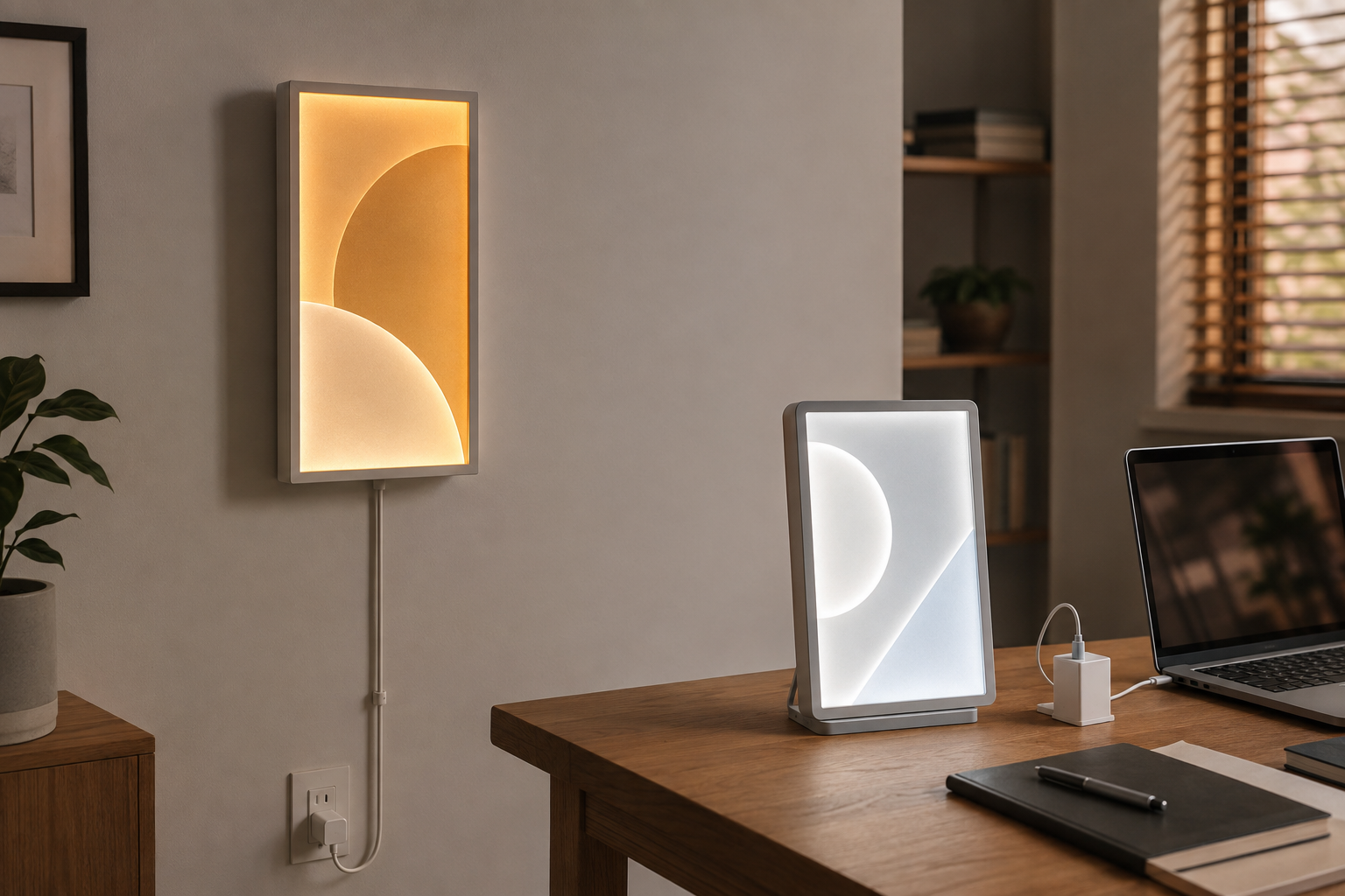 A wall-mounted plug-in light box beside a compact USB-powered sign on an indoor office desk