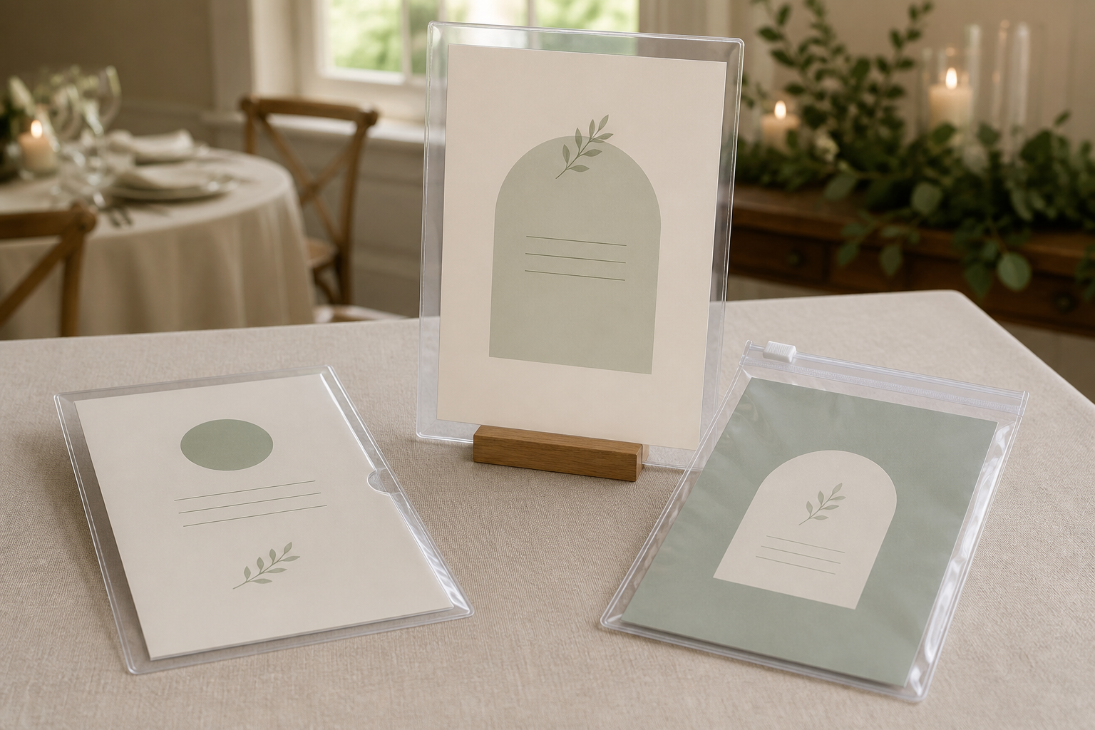Printed event sign inserts in top-loading, side-loading, and zip-closure clear protective sleeves on an indoor event table