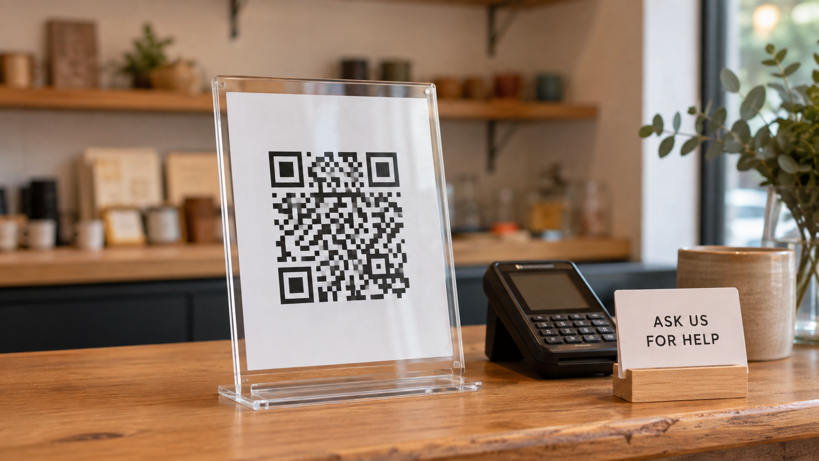 Acrylic QR code sign, card reader, and printed help card arranged on a small-business counter