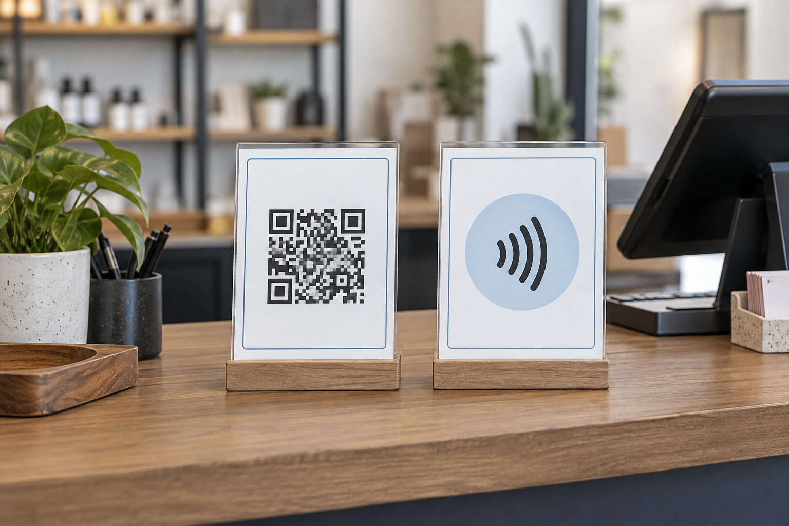 A QR code sign and an NFC tap sign displayed side by side in tabletop holders on a small-business counter