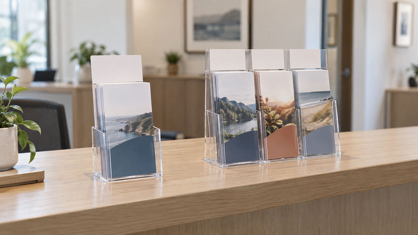 Single-pocket clear brochure holder beside a wider three-pocket literature display on a reception counter