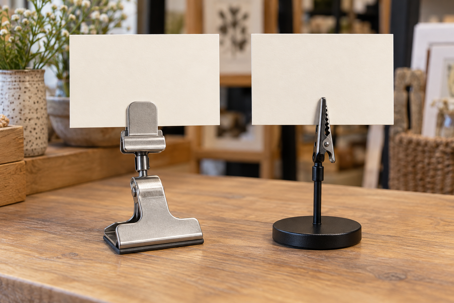 Broad smooth spring clip holding a blank cream card beside a narrow toothed alligator clip holding a matching card on an indoor market table