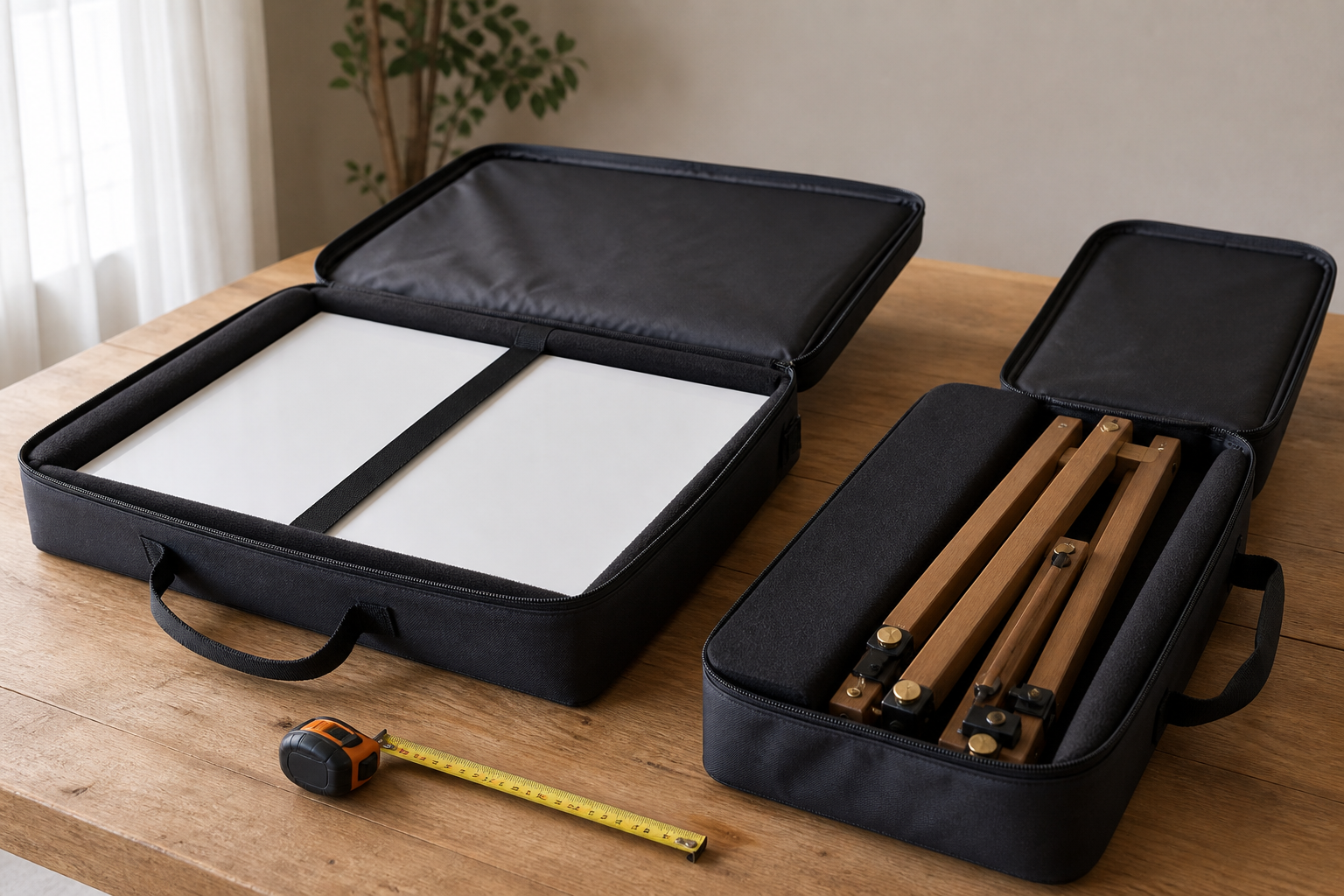 Blank rigid event sign and compact folded wood easel packed in separate black carry cases beside a measuring tape