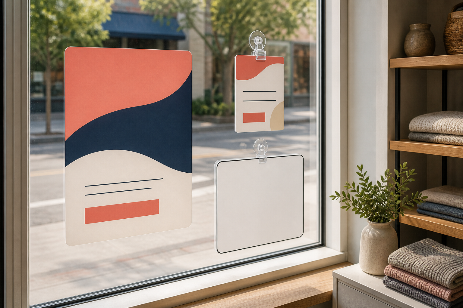 Static-cling graphics and rigid signs held by suction cups on an interior storefront window